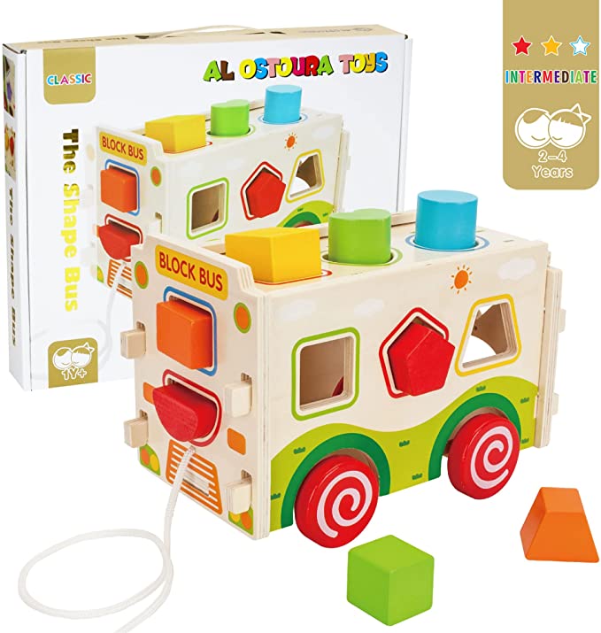 Wooden Activity Cube Shape Matching Bus Educational Toy, 1-2-3-4 Year Old Toy LW0834